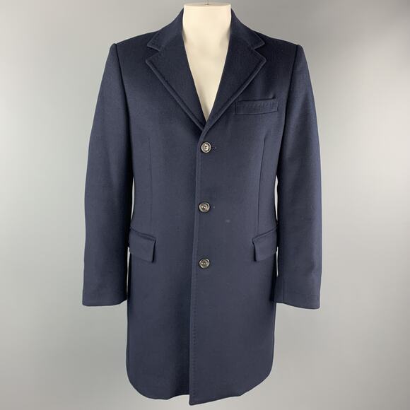 BENETTON Size L Navy Wool Blend Notch Lapel Long Coat